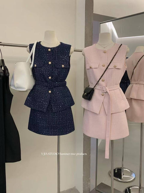 Round Neck Sleeveless Vest With Mini Skirts Tweed Sets